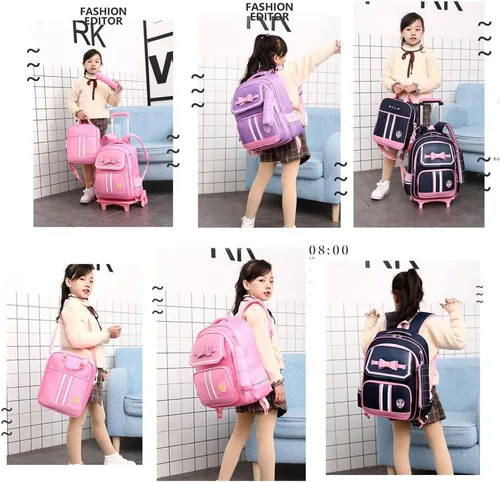 Vista 7 de ZHANAO Rolling Trolley Bag Wheeled Backpack Bowknot for Girls Primary Schoolbag 3Pcs with Crossbody Bag Pencil Case