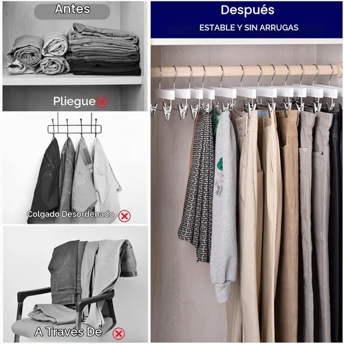 Vista 6 de Amber Home Paquete de 10 perchas de madera blanca para pantalones con 2 clips ajustables para jeans, pantalones cortos Blanco