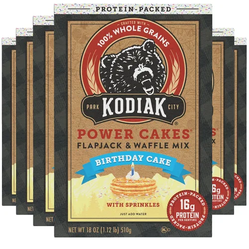Kodiak Cakes Power Cakes, mezcla de panqueques y waffles, pastel de cumpleaños, alto contenido en proteínas, 100% granos integrales, (paquete de 6)