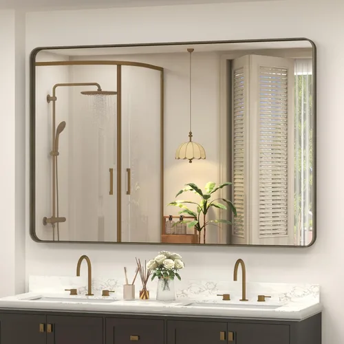 Vista 23 de Espejo rectangular para pared de baño de 20x30 pulgadas con marco negro mate, espejo de tocador con esquinas redondeadas, espejo de baño de metal