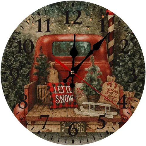 Red Truck Christmas Tree (2) Wall Clocks Silent Non Ticking Wooden Clock Battery Operated Round Decor for Kitchen Livingroom Bedroom 10 Inch
