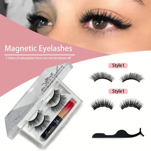 Vista 5 de Pestañas magnéticas con delineador de ojos, kit de pestañas magnéticas, 2 pares de pestañas reutilizables de aspecto natural 3D premium