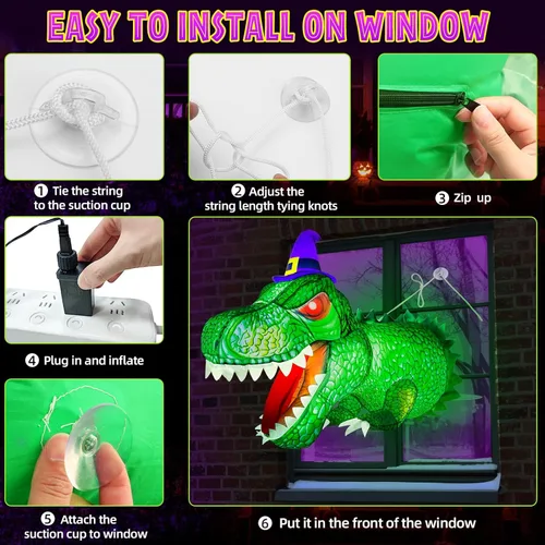 Vista 5 de zukakii Decoraciones inflables de Halloween de 4 pies, dinosaurio al aire libre estallado de la ventana con LED vívido T-Rex integrado inflable