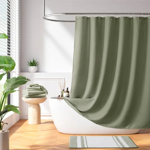 Vista 10 de Cortina Madison Park Spa Waffle de ducha con tela combinada y tratamiento 3M Scotchgard para control de humedad, decoración moderna para el baño