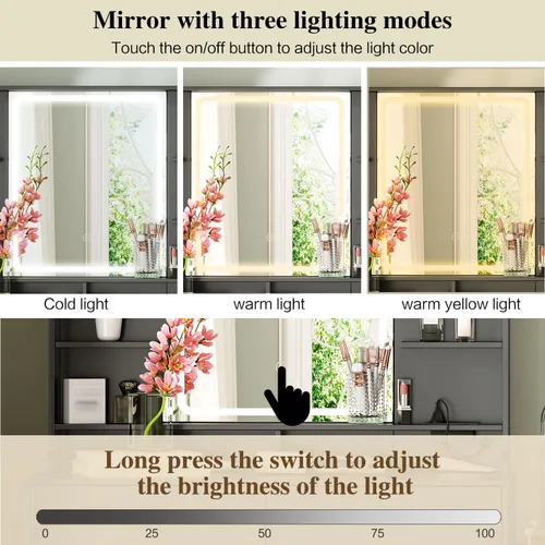 Vista 8 de Ieejdn Escritorio de tocador de maquillaje con espejo y luces, escritorio de tocador con 8 cajones y estantes de almacenamiento, mesa de tocador