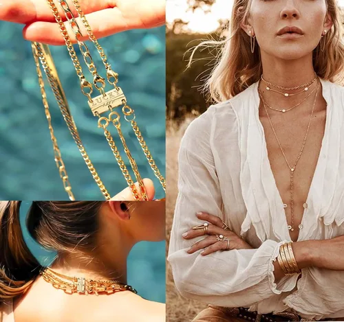 Vista 5 de kcctoo Collar con cierre de capas para mujer, separadores de joyería de oro de 18 quilates y plata, cierre magnético de collar múltiple para mujer