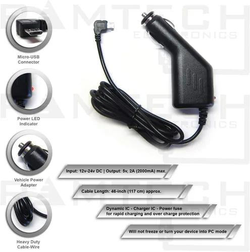 Vista 2 de Ramtech DC 12V 2A Universal Micro USB Cargador de coche Cable adaptador de corriente para GPS, compatible con Garmin Nuvi 2757 LM 2789 LMT 2797 LMT