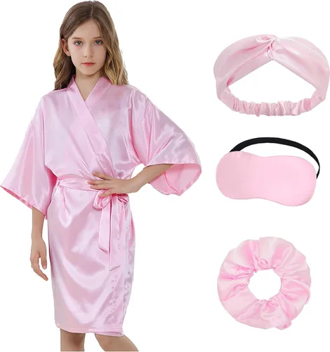 Juego de bata de satén sedosa para cumpleaños de niña de flores, fiesta de spa, boda, con máscara de ojos, banda para el cabello