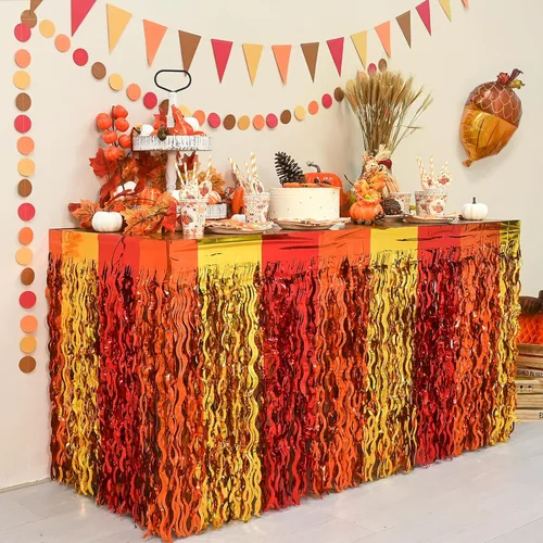 Vista 8 de Mega-L - Decoraciones de fiesta de otoño, paquete de 2 faldas de mesa con flecos metálicos ondulados de oropel para mesa rectangular y redonda