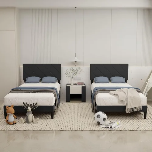 Vista 4 de Base de cama de tamaño individual con cabecera ajustable, plataforma tapizada de terciopelo, marcos de cama individual con fuerte soporte