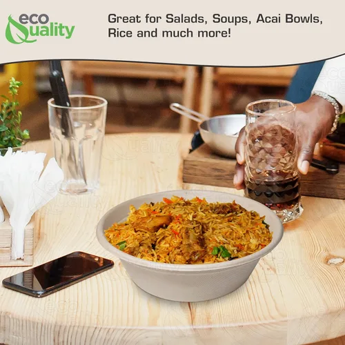 Vista 7 de [Paquete de 25] Cuencos redondos de papel compostables desechables de 40 onzas, resistentes, ecológicos, bagazo natural sin blanquear, resistentes