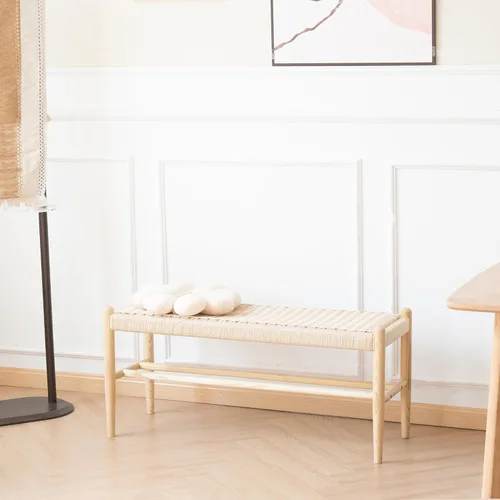 Vista 17 de Banco de madera maciza para entrada con almacenamiento para zapatos, diseño rústico en madera de roble y tejido, 31.5 pulgadas de largo. Asiento