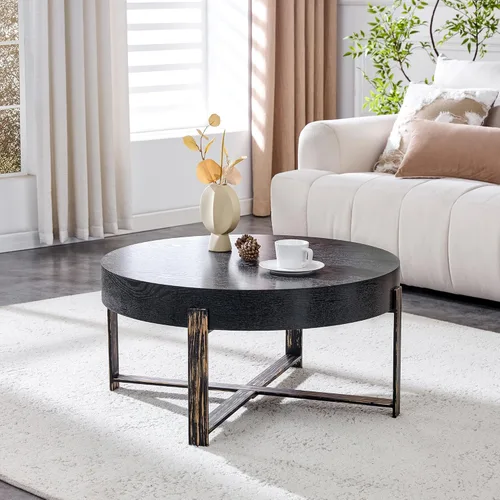 Vista 2 de Mesa de centro redonda de 30.7 pulgadas, mesas de centro modernas para sala de estar, mesa de té circular de madera con patas de metal