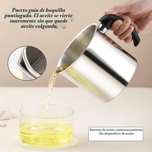 Vista 6 de Kyraton Contenedor de Grasa de Tocino con Colador, Recipiente de Aceite de Acero Inoxidable de 48 oz, Recipiente de Grasa de Olla con Tapa, Mango