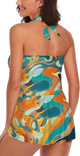 Vista 3 de Smicabe Traje de baño tankini halter para mujer, de dos piezas, con control de abdomen, cuello en V, con pantalones cortos