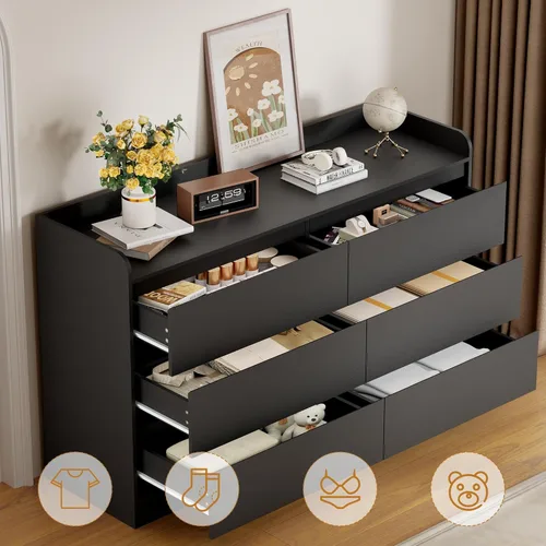 Vista 3 de BEWISHOME Cómoda negra para dormitorio, cómoda moderna de madera con 6 cajones, cómoda con diseño superior de valla de espacio abierto para sala