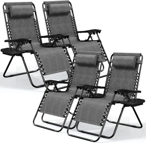 Vista 34 de Nestl Zero Gravity - Juego de 2 sillas de patio al aire libre con almohadas y bandejas portavasos, silla de campamento reclinable de malla de acero