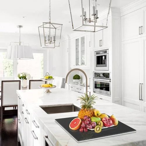 Vista 5 de Mymonfif Tabla de cortar de vidrio templado para cocina, tablero de vidrio negro para encimera, resistente al calor, con pies antideslizantes, 12 x