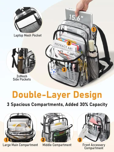 Vista 5 de Mochila transparente grande de doble capa, 17 pulgadas, resistente, transparente, para universidad, trabajo, Beige, Grande, Mochila de doble capa