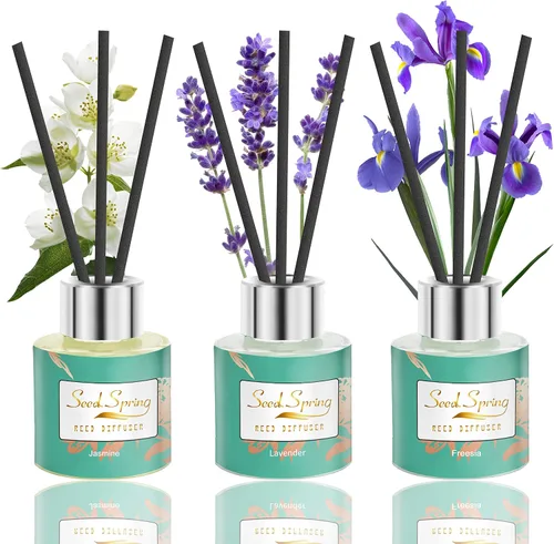 Juego de 3 difusores de varillas de aroma a aceite de lavanda jazmín y fresia, productos de fragancia para oficina y hogar, 1.7 onzas x 3