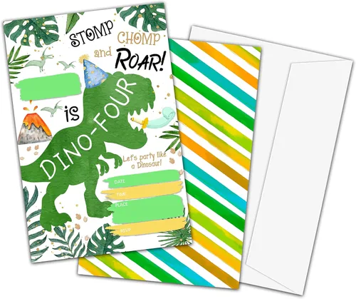 Vista 9 de Invitaciones de primer cumpleaños, tarjetas de invitación de fiesta de dinosaurios para niños y niñas, 20 invitaciones de relleno de doble cara