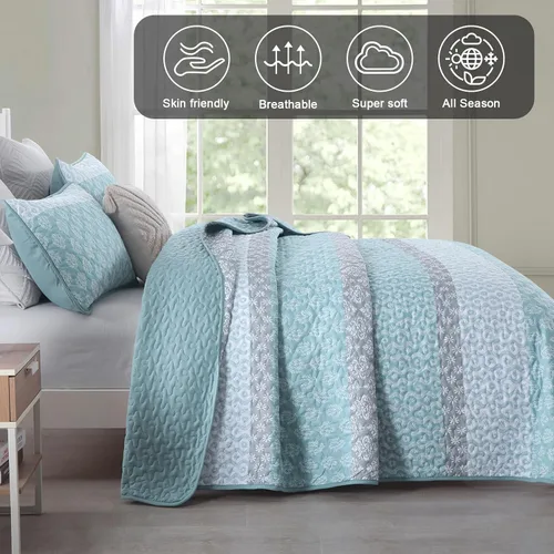 Vista 3 de Cottolester Juego de edredón Aqua tamaño Full, colcha a rayas estilo bohemio, juego de ropa de cama de microfibra ligera y suave de 3 piezas, 78"x90