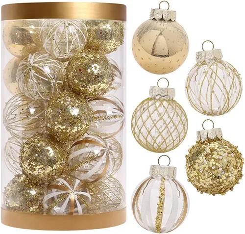 Vista 8 de 25 bolas de Navidad de 2.36 pulgadas, inastillables, adornos colgantes para árbol de Navidad, color azul dorado