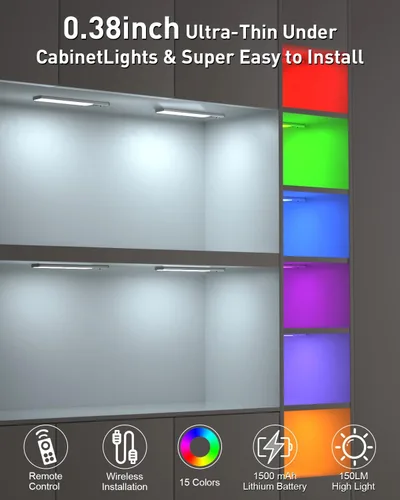 Vista 2 de 79-LED Under Cabinet Lighting, 15 Colors Uitra-Thin Closet Lights Rechargeable Wireless Under Counter Lighting with Remote Control, Dimmable RGB