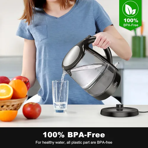 Vista 7 de Willz Hervidor eléctrico de vidrio con mango resistente al calor y vertido inalámbrico, tecnología de ebullición rápida y apagado automático, luz