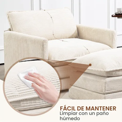 Vista 5 de ROWHY Sillón individual con otomano, sofá moderno de corduroy en forma de nube con chaise convertible, sofá tapizado para sala de estar, beige