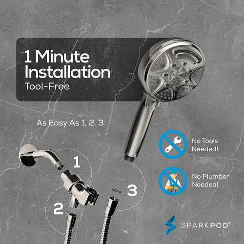Vista 7 de SparkPod Cabezal de ducha de mano de níquel cepillado de 5 pulgadas, 9 ajustes de pulverización con interruptor de encendido/apagado, modo de lluvia