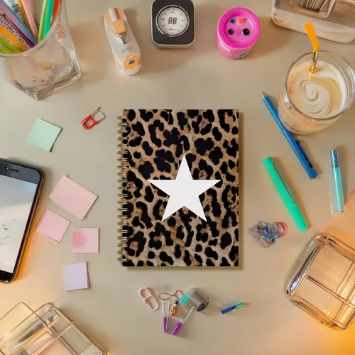 Vista 2 de Cuaderno en espiral con estampado de estrellas de leopardo y guepardo, cuaderno de tapa dura con estampado de guepardo estético funky