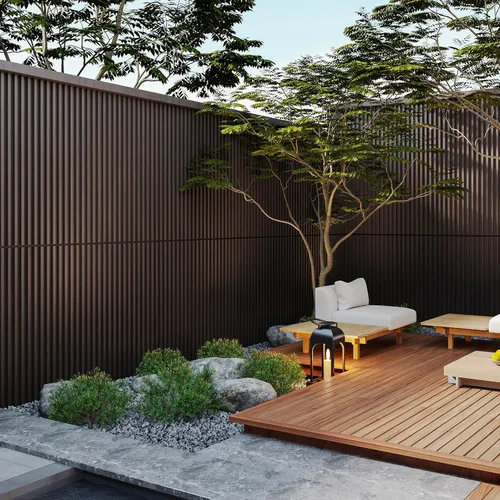 Vista 4 de Yutianli Paquete de 6 paneles de pared de listones 3D WPC Rejilla para paredes, roble ahumado, madera texturizada, panel compuesto de plástico, tira