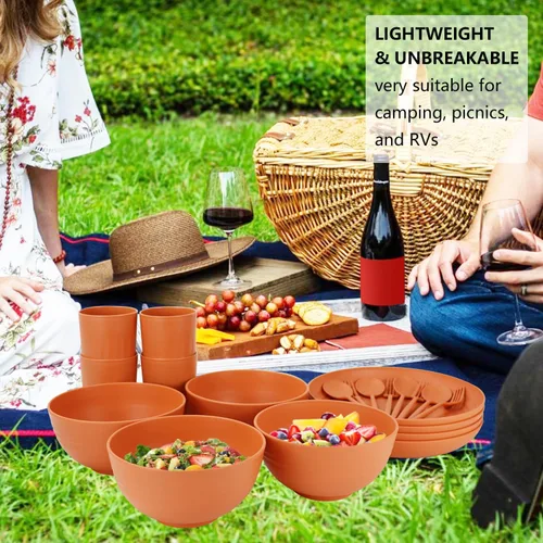 Vista 6 de Juego de vajilla de paja de trigo de 28 piezas, juego de vajilla irrompible apto para microondas y lavavajillas, juego de vajilla reutilizable