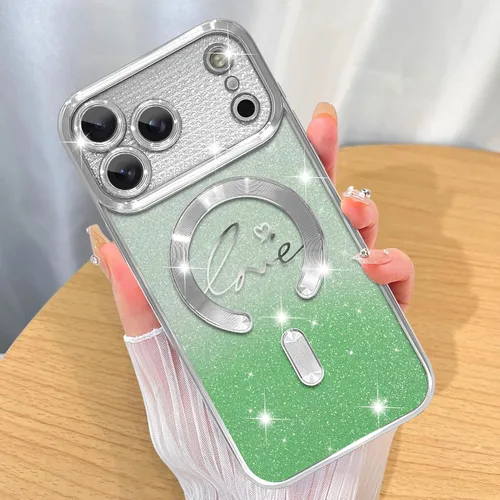 Vista 30 de ZIYE Funda Magnética Diseñada para iPhone 14 Funda con Purpurina Plateado de Lujo Corazón de Amor Compatible con MagSafe Funda Transparente con Negro