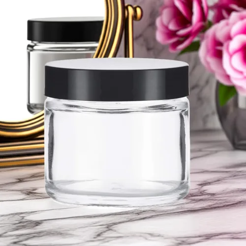 Vista 5 de JUVITUS Tarro recto de vidrio grueso transparente de 2 oz / 2.0 fl oz con tapas negras (paquete de 6) hermético, a prueba de olores