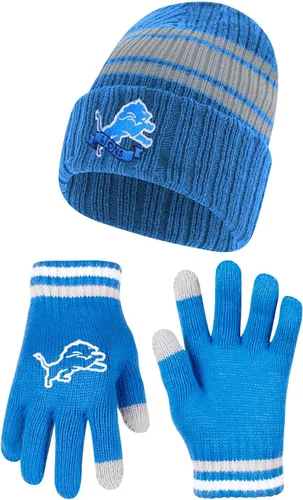 Vista 7 de Ultra Game Gorro de punto de invierno para jóvenes de la NFL, con cálidos guantes de pantalla táctil con rayas