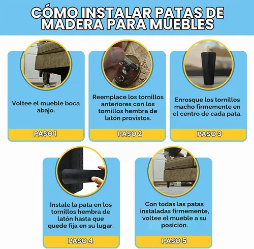 Vista 6 de The Blue Cactus Company Juego de 4 patas de madera para muebles (negro, cuadradas)