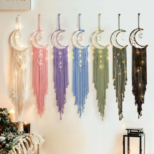 Vista 7 de Colgante de pared de macramé bohemio para niños, atrapasueños de media luna y estrella de crochet con borlas largas, decoración de algodón oliva