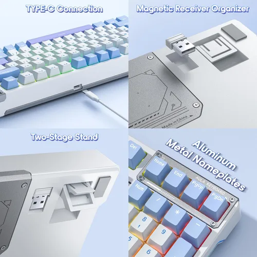 Vista 7 de AULA Teclado de 99 teclas, triple modo BT5.02.4GHzUSB-C, teclado mecánico personalizado intercambiable en caliente, teclado inalámbrico RGB