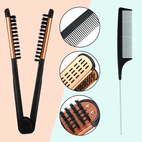 Vista 5 de Honeydak Cepillo de pelo con abrazadera de cerdas de jabalí, peine alisador de cabello con pinzas de cocodrilo, peines de cola de rata, para Peine