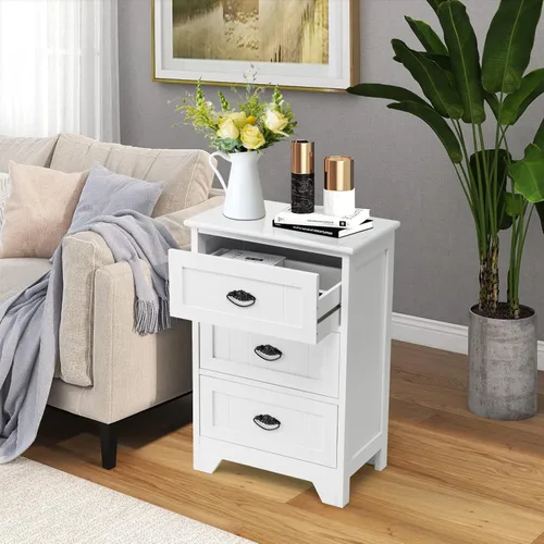 Vista 8 de COSTWAY Mesita de noche con 3 cajones, mesa auxiliar para dormitorio, almacenamiento de madera, mesita de noche, color blanco