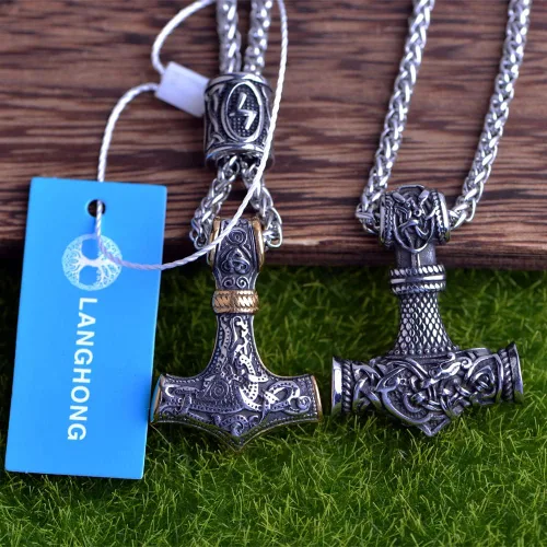 Vista 5 de Collar de martillo de Thor vikingo nórdico Mjolnir para hombre, joyería de talismán