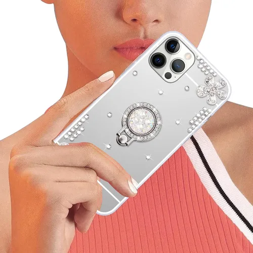 Vista 3 de Compatible con iPhone 13 - Funda con espejo de maquillaje para mujeres y niñas, funda de lujo con diamantes de imitación brillantes con anillo