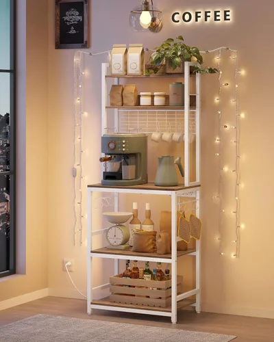 Vista 66 de VASAGLE Hutch - Estante para panaderos con toma de corriente, soporte para microondas de 14 ganchos, barra de café ajustable con panel de alambre