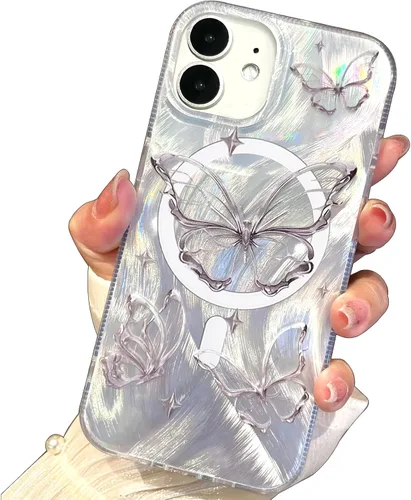 Vista 609 de I-MGAE-IN-AR - Funda diseñada para iPhone 12 y 12 Pro, diseño de mariposa plateada brillante, funda protectora de poliuretano termoplástico, suave