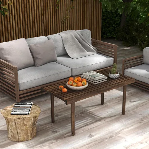 Vista 3 de COSTWAY Mesa de centro de madera de goma de 39 pulgadas, mesa central rectangular moderna con tablero de listones, mesa de té de cóctel rústica