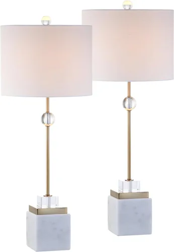 JONATHAN Y Juego de 2 lámparas de mesa LED de mármol blanco y latón dorado de 30 pulgadas, modernas lámparas de pedestal de cristal glamoroso para