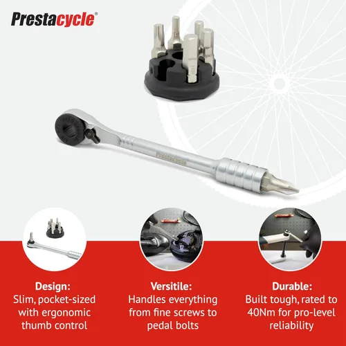 Vista 4 de Prestacycle Prestaratchet - Kit de trinquete de bolsillo micro con (6) puntas S2 y soporte redondo - Herramienta de trinquete hexagonal compacta