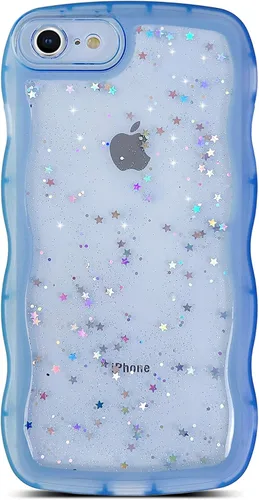 Vista 101 de Qokey para iPhone 14 Plus Funda de 6.7" con diseño de borde ondulado rizado, transparente, con purpurina, brillo, estrellas, brillante, lindo